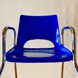 Vintage high chair for children in chrome metal and blue plastic