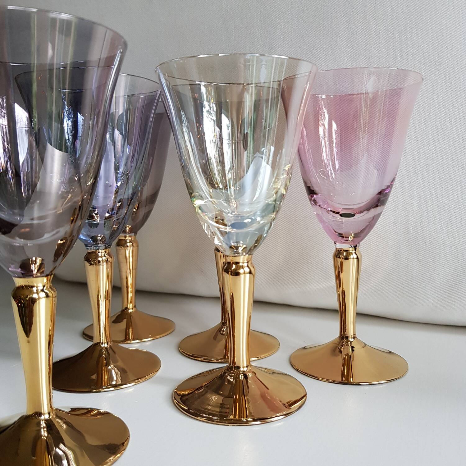 Ensemble de 6 verres à vin à tige en or irisé arlequin du milieu du siècle