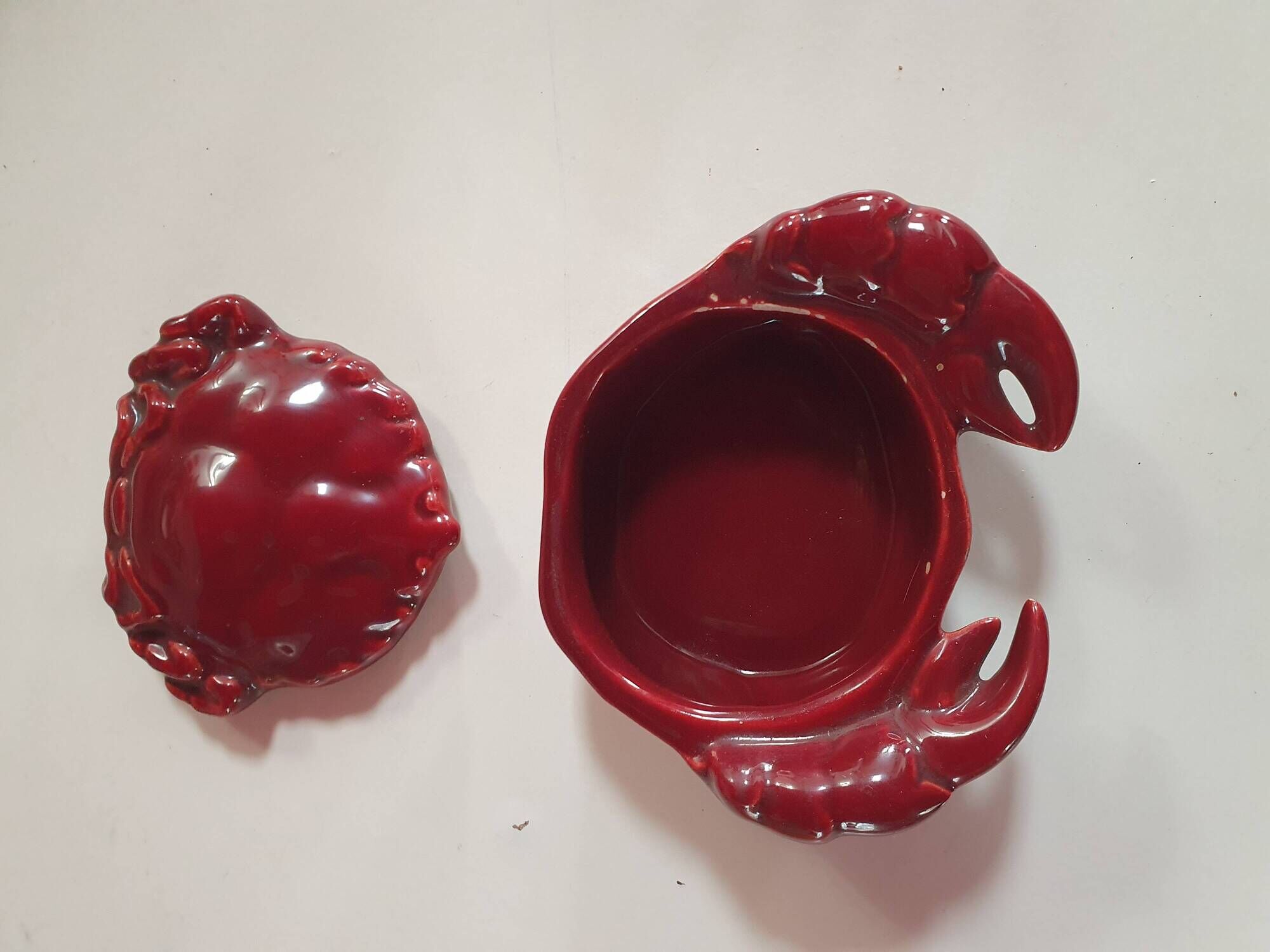 burgundy red slip ceramic box in the shape of a vintage crab