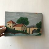 Peinture huile ancienne paysage naïf