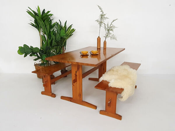 Bancs et table à manger scandinaves en pin, années 1970