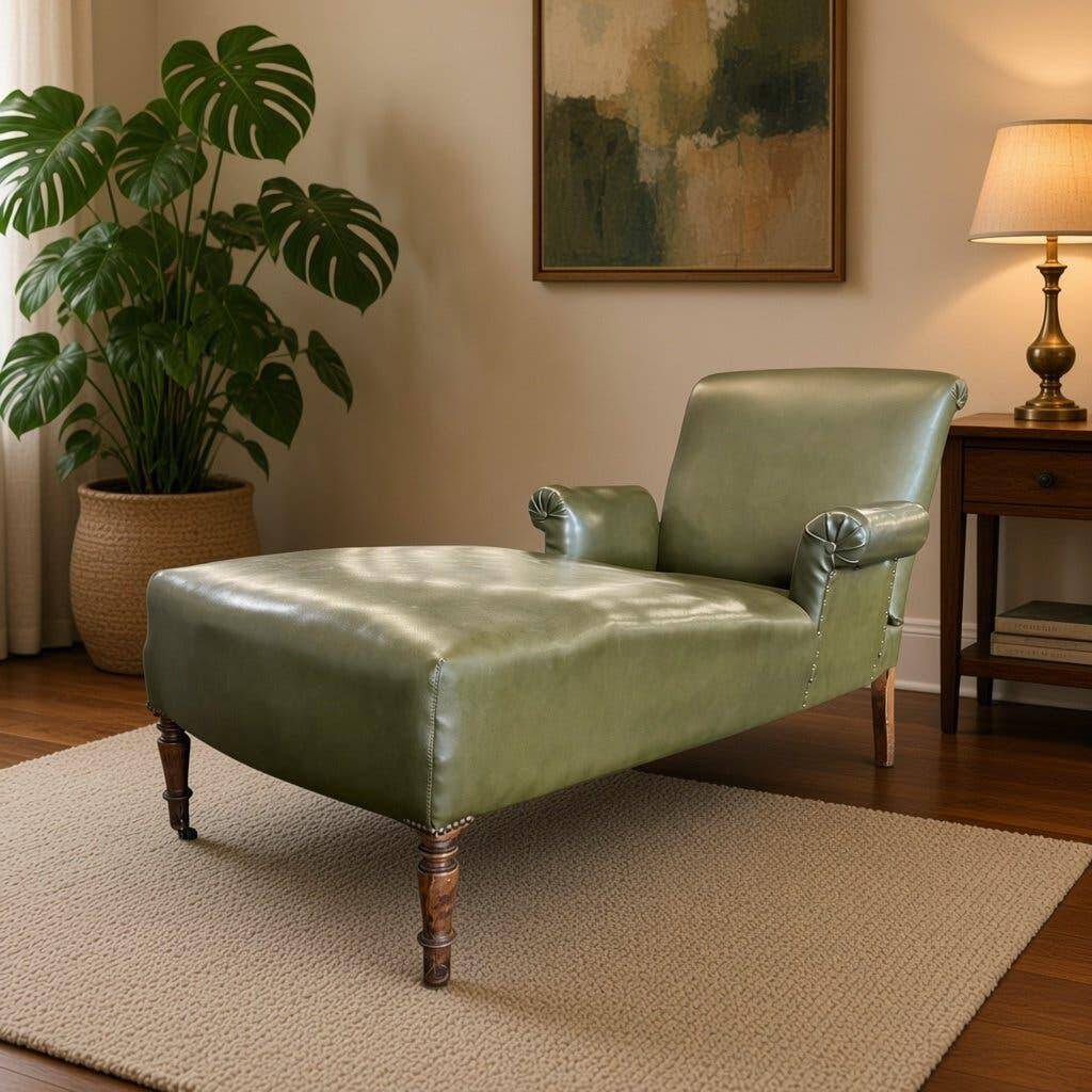 Chaise longue / fauteuil / chaise longue vintage en similicuir vert.