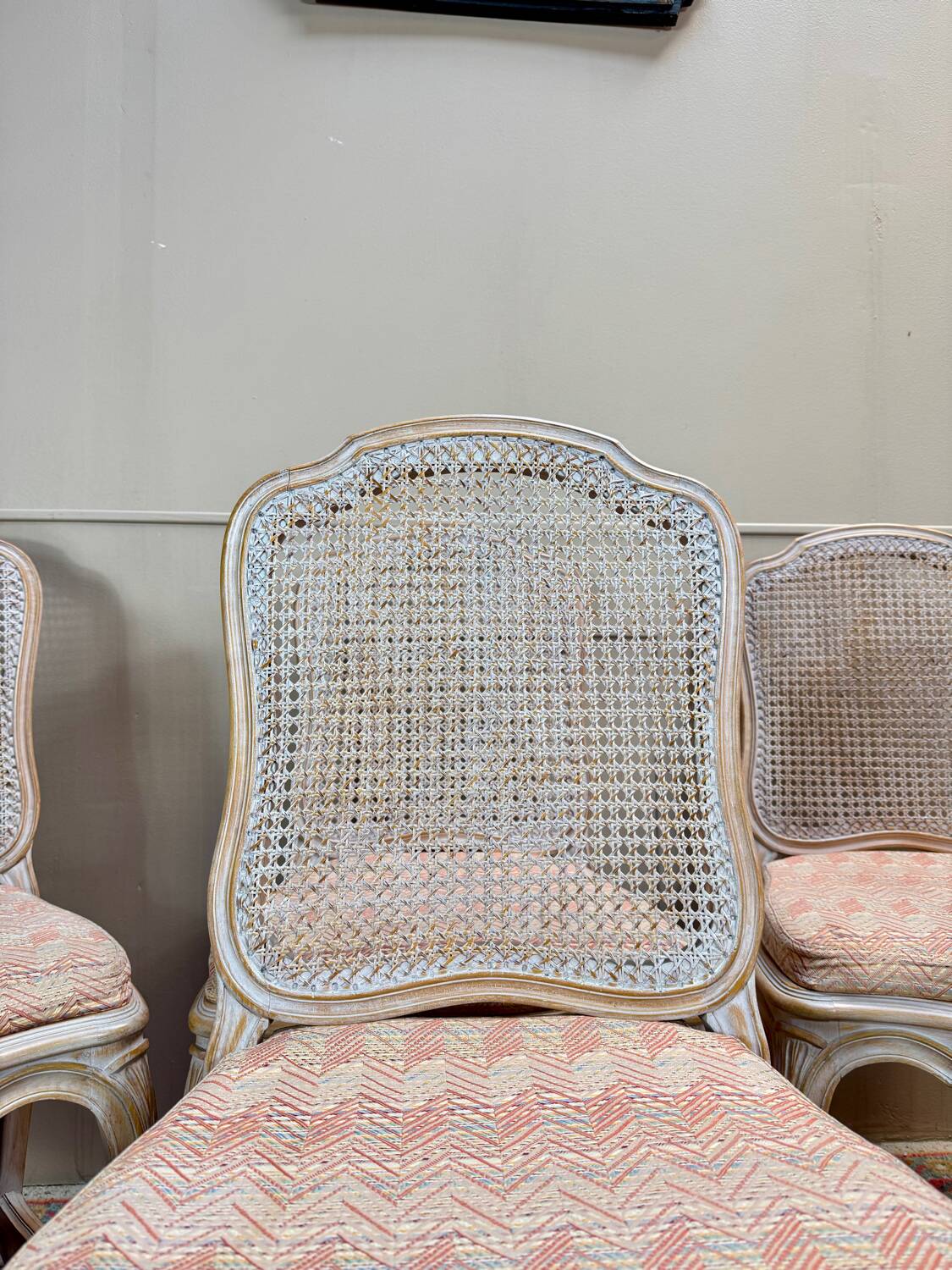 Set of six Louis XV style lacquered wood caned chairs