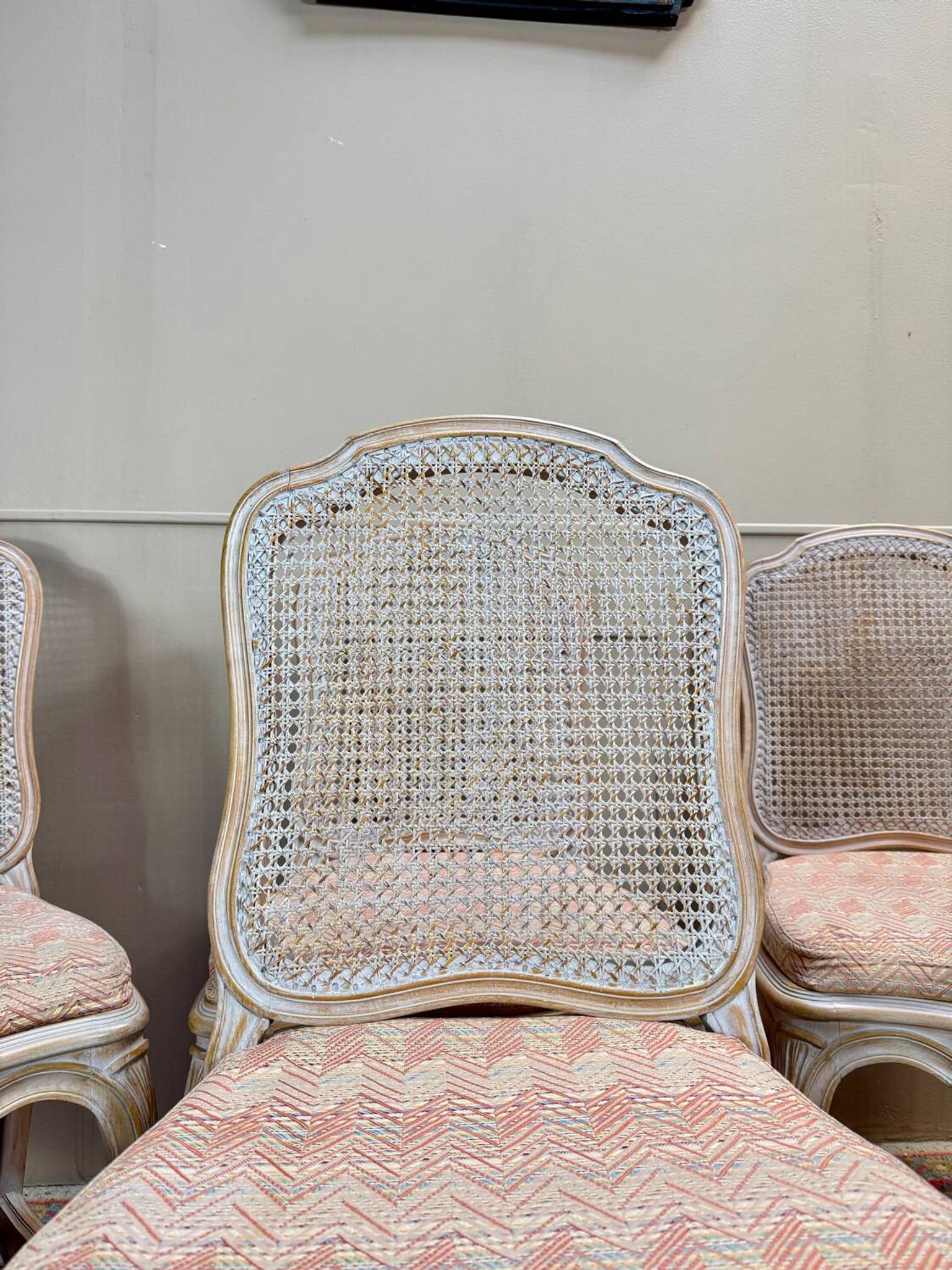 Set of six Louis XV style lacquered wood caned chairs