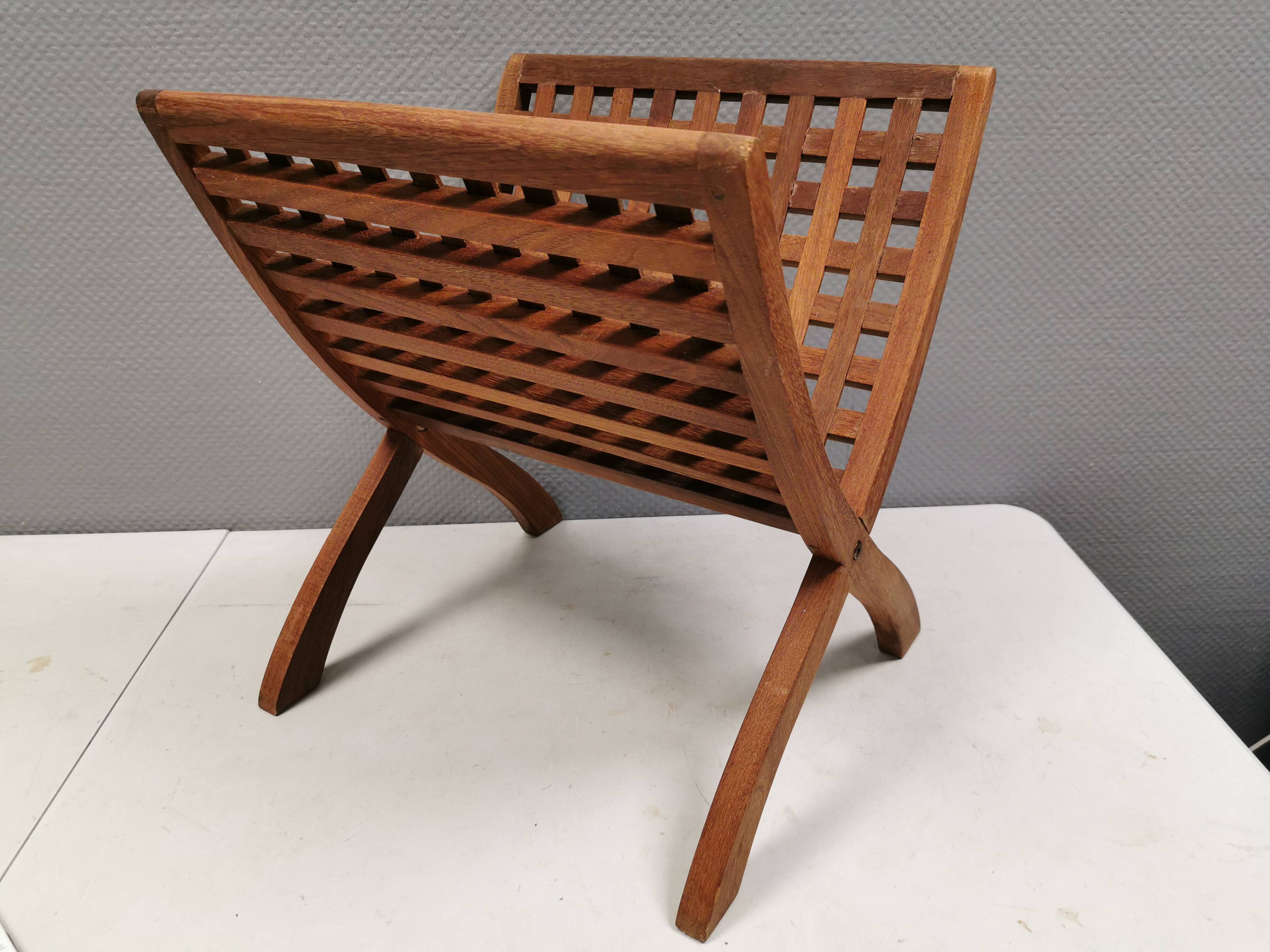 Teak newspaper/magazine rack, Danish, estimated 1970s–80s.