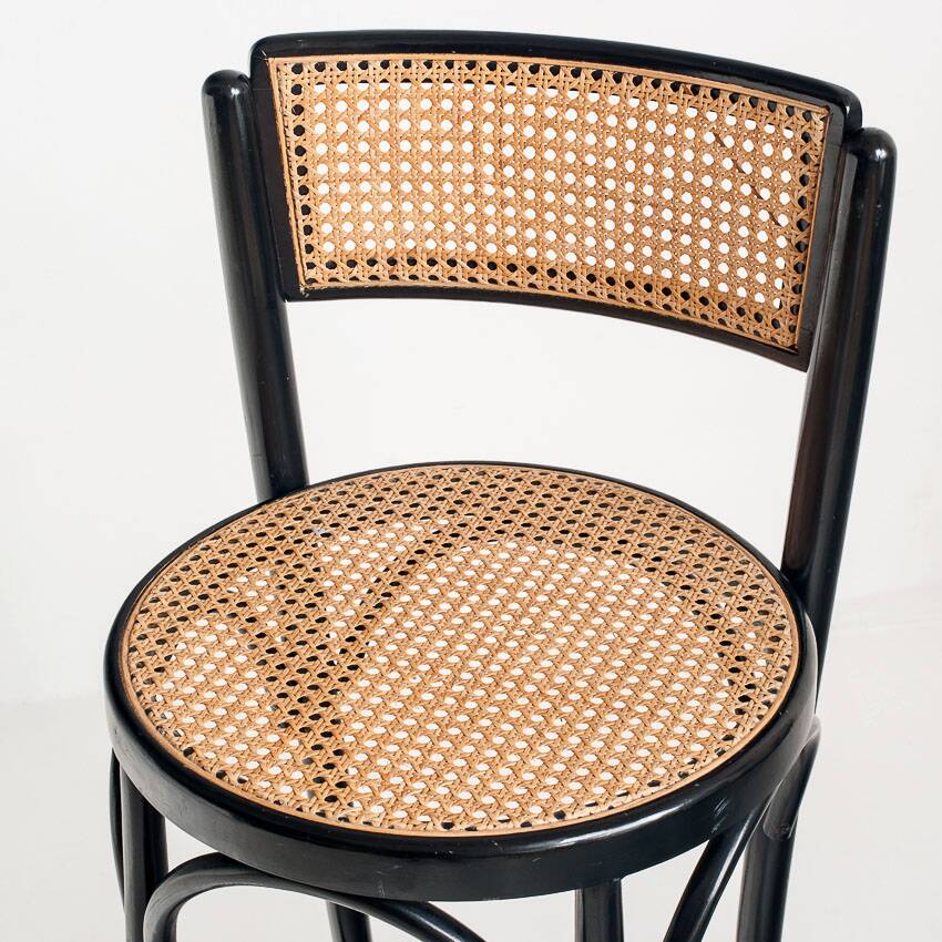 Set of 4 vintage high stools. Beech wood and cane. France, 90s