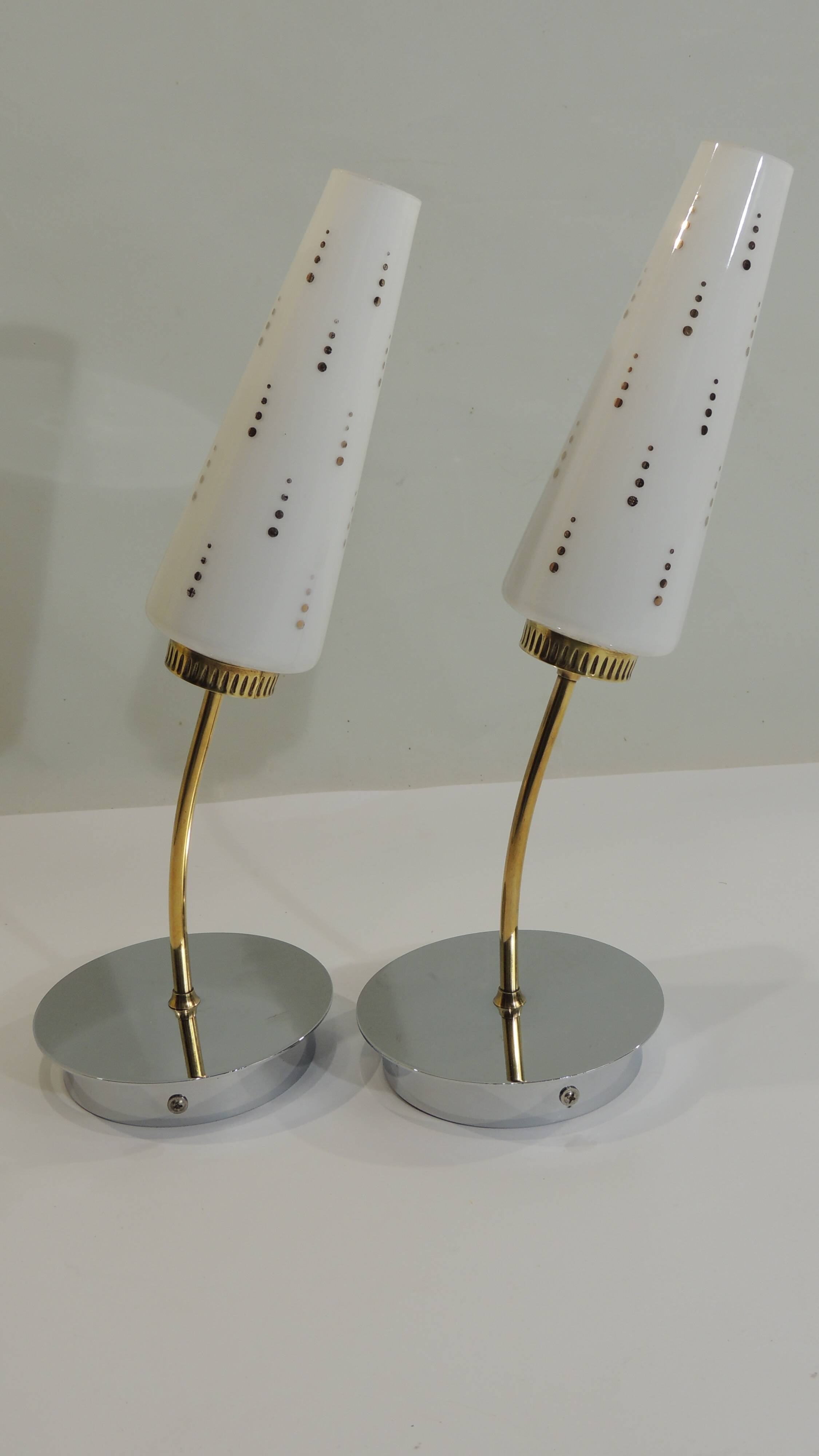 Pair of vintage wall sconces from the 1970s – Perforated opaline, brass