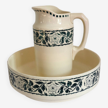 Old set, toilet bowl and pitcher, badonviller earthenware