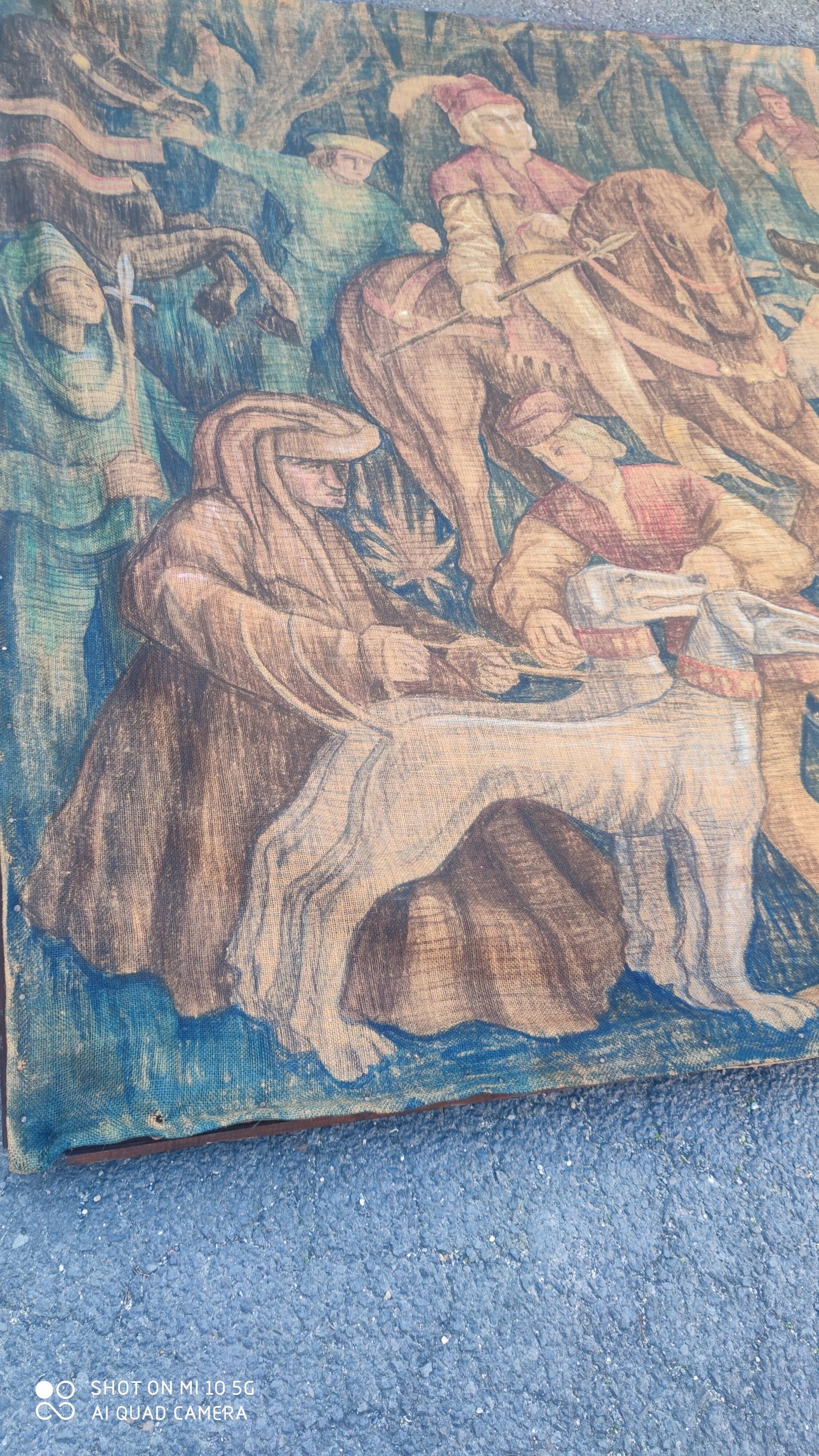 Painted burlap canvas depicting a medieval hunting scene circa 1950 by André Pierre BOURBIOUX, known as "Boul"