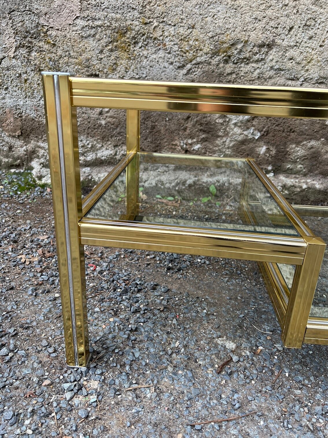 2-level coffee table Roche Bobois Hollywood Regency style brass and glass 70s