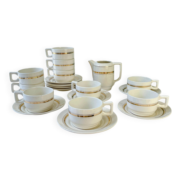 Service à café St Amand 10 personnes – Porcelaine vintage blanche et dorée
