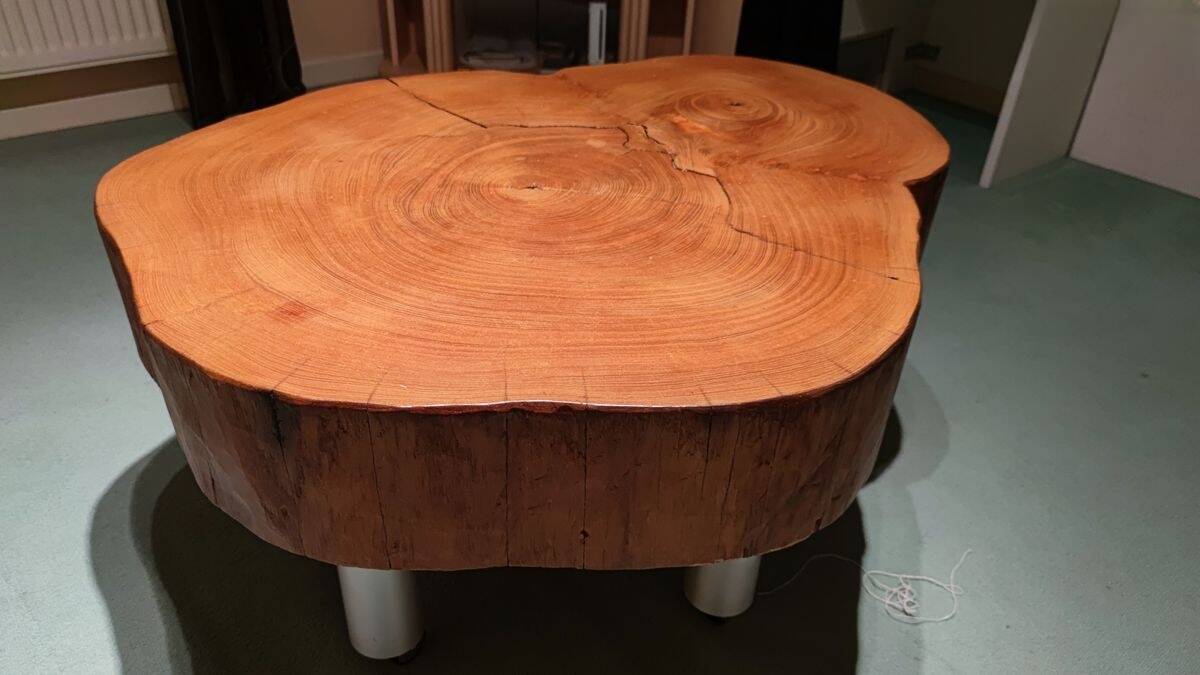 To be entered: Solid teak coffee table – unique piece – trunk slice – 98 x 81 cm