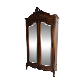 French Louis XV Style Carved Wood Armoire with Mirrored Doors