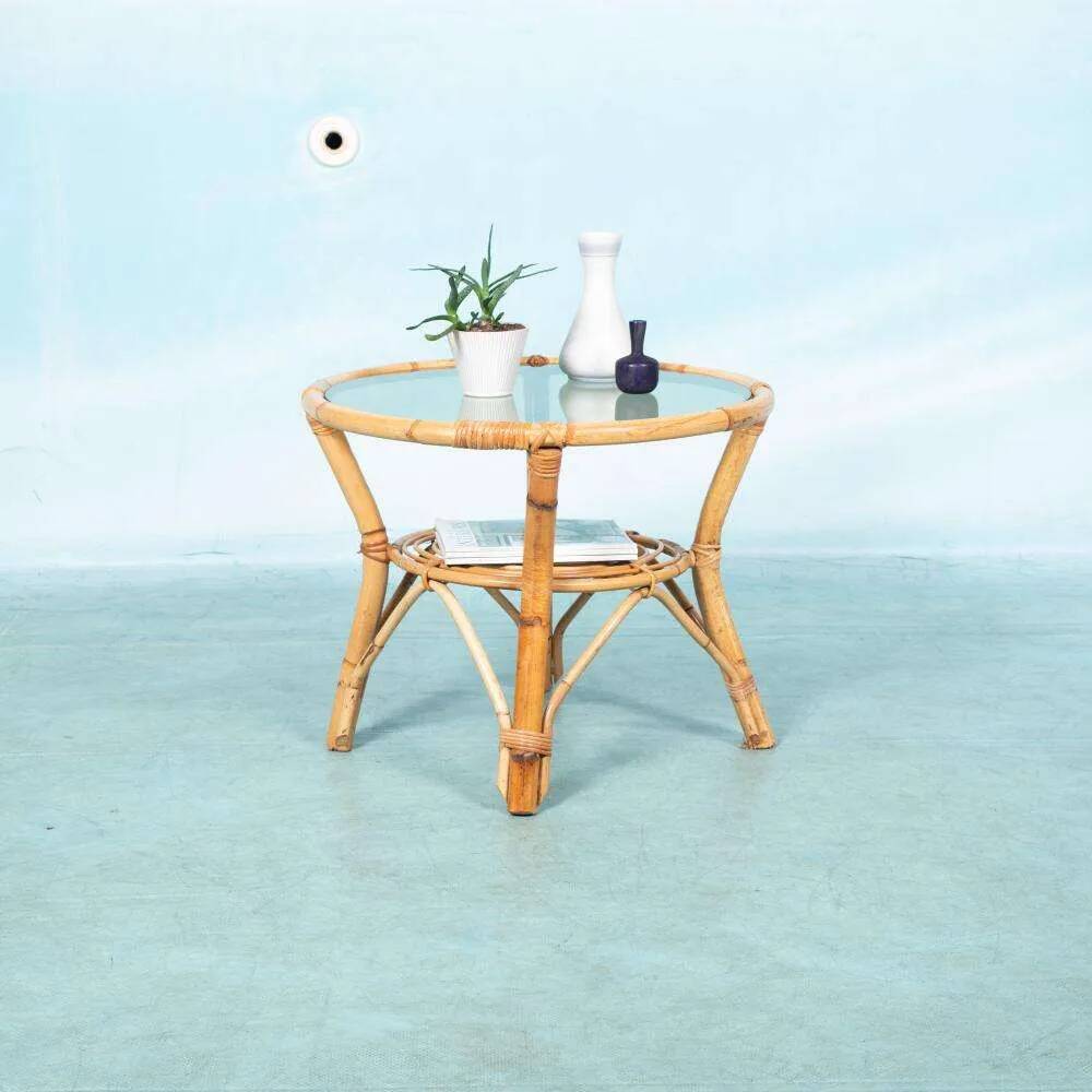 1960s round rattan coffee table, Rohé Noordwolde