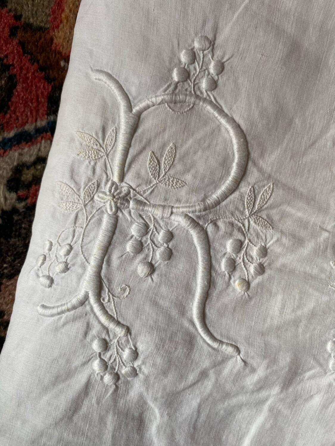 Monogram linen sheet, late 19th century.