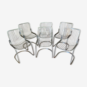 Set of 6 tubular chairs in chrome-plated steel. 1970s