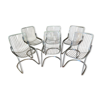 Set of 6 tubular chairs in chrome-plated steel. 1970s