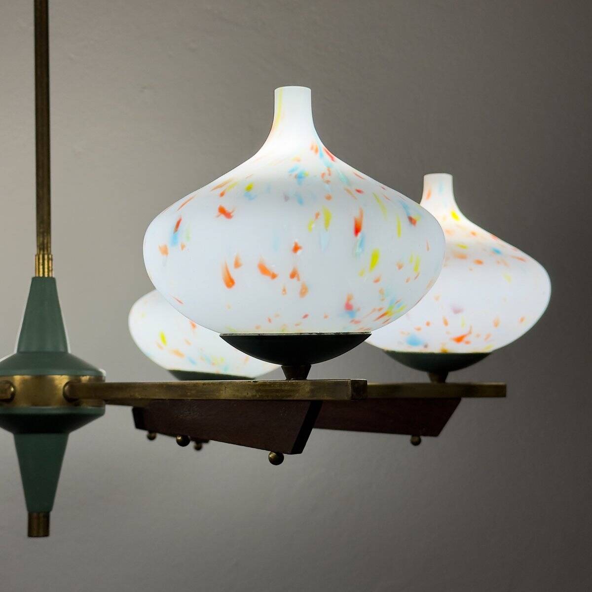 Mid-century chandelier with teak and Murano glass by Stilnovo, Italy, 1950s.