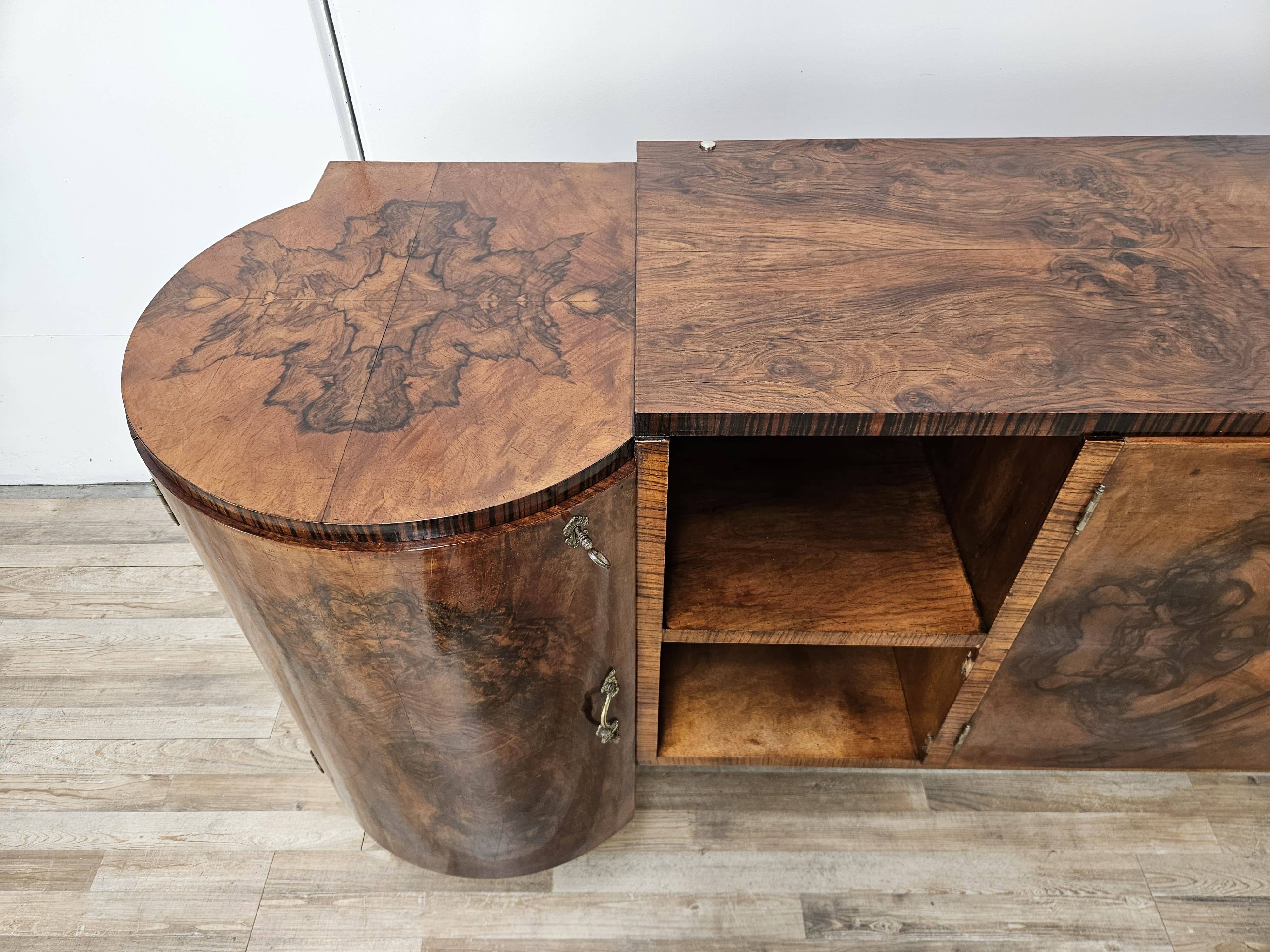 Art Deco sideboard in root walnut and fog with an aluminium base, 1940.