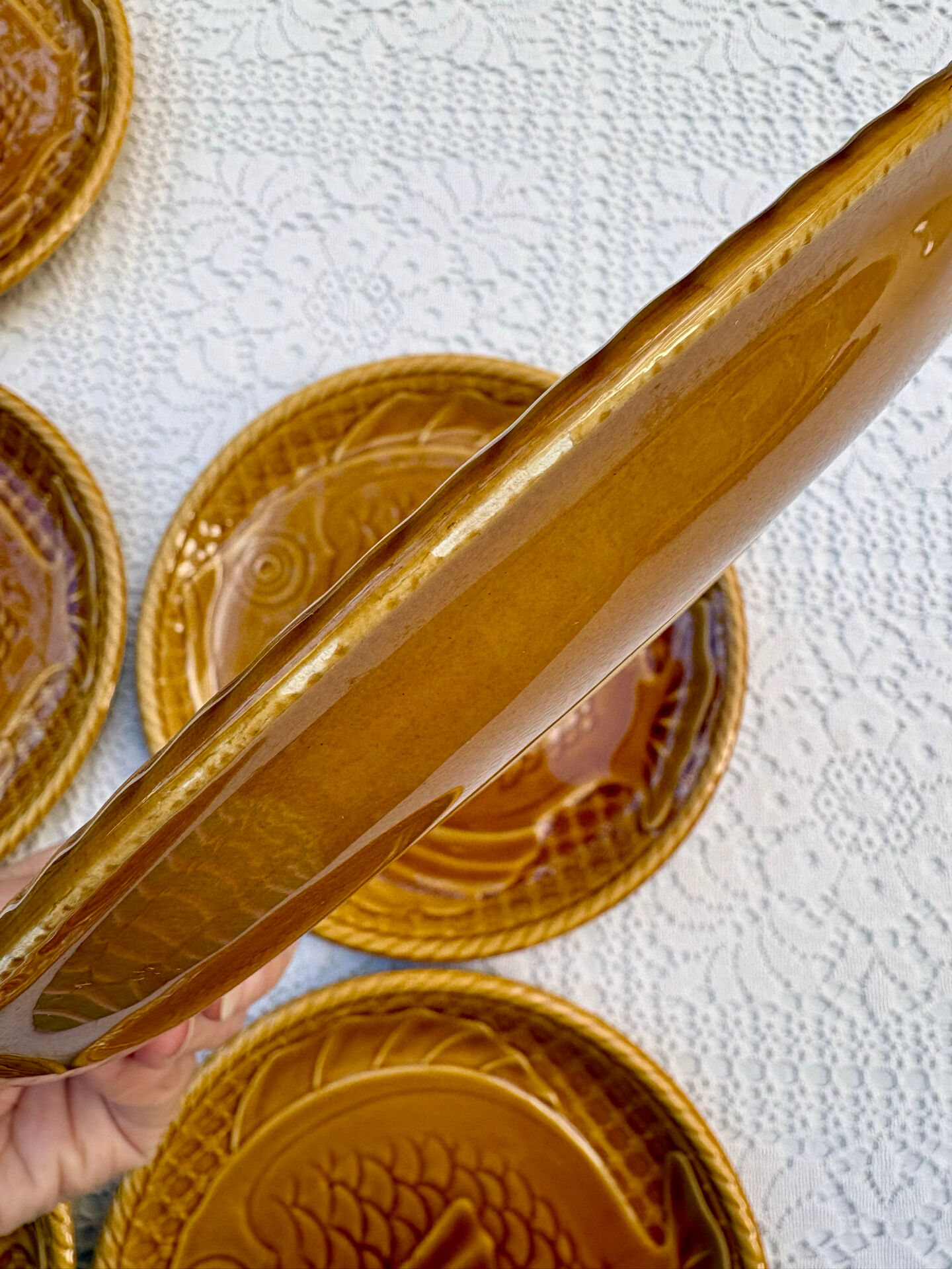 6 large barbotine plates gien fish