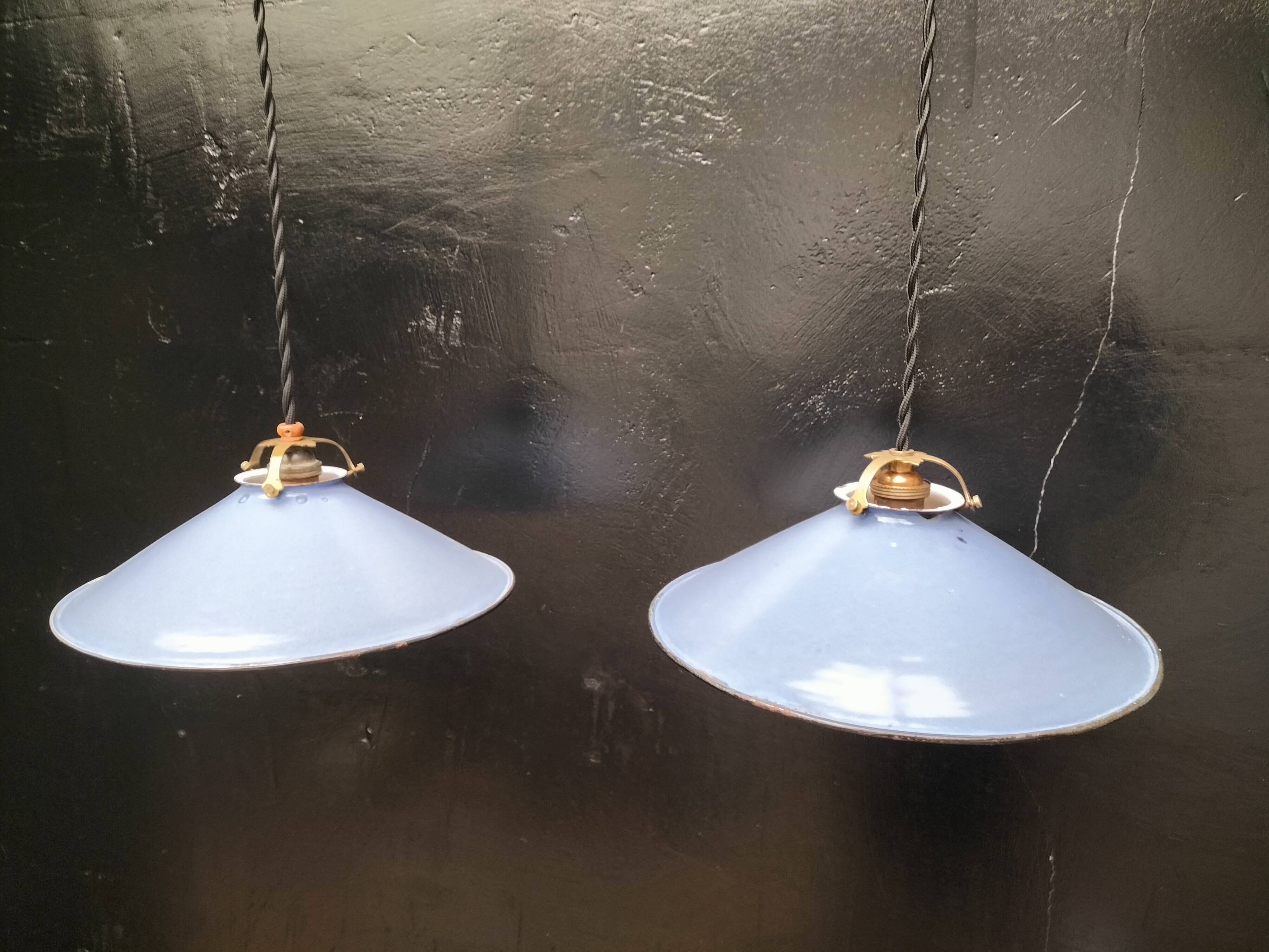 Pair of blue enameled sheet metal pendant lights