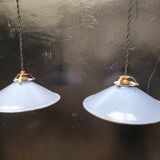 Pair of blue enameled sheet metal pendant lights