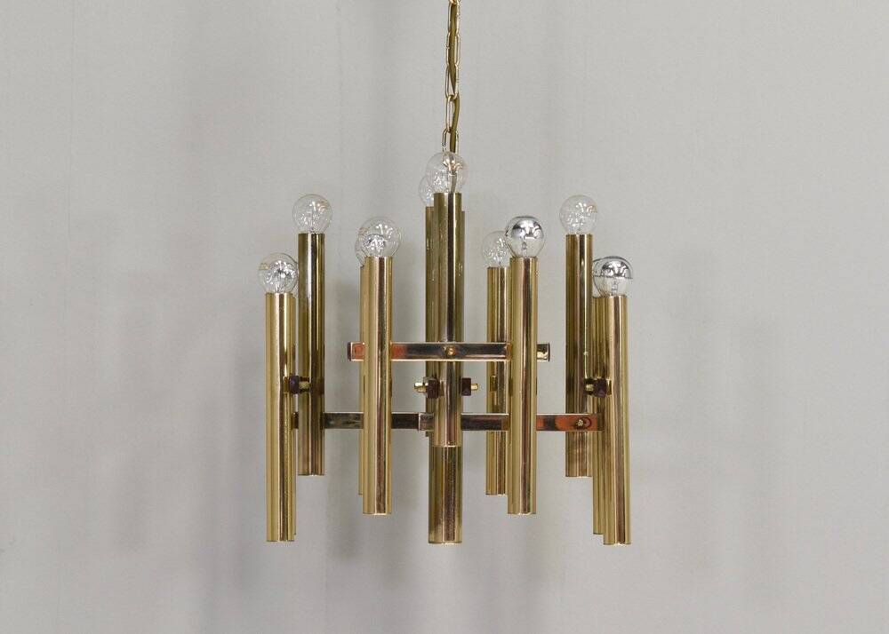 Italian brass chandelier 12 spot pendant lamp by Gaetano Sciolari, 1970s
