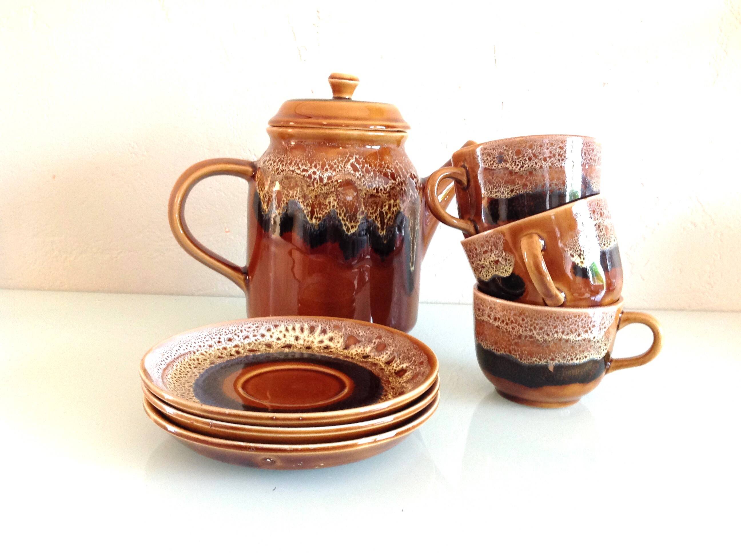 Hawaiian decor coffee service from the Sarreguemines faience factories / vintage 60s-70s