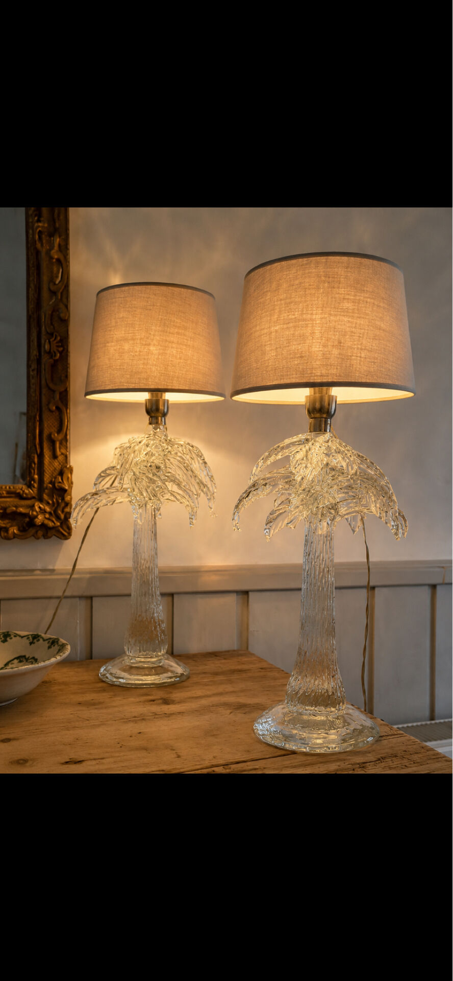 Important pair of Palm tree lamps in solid glass, Italian design ann.