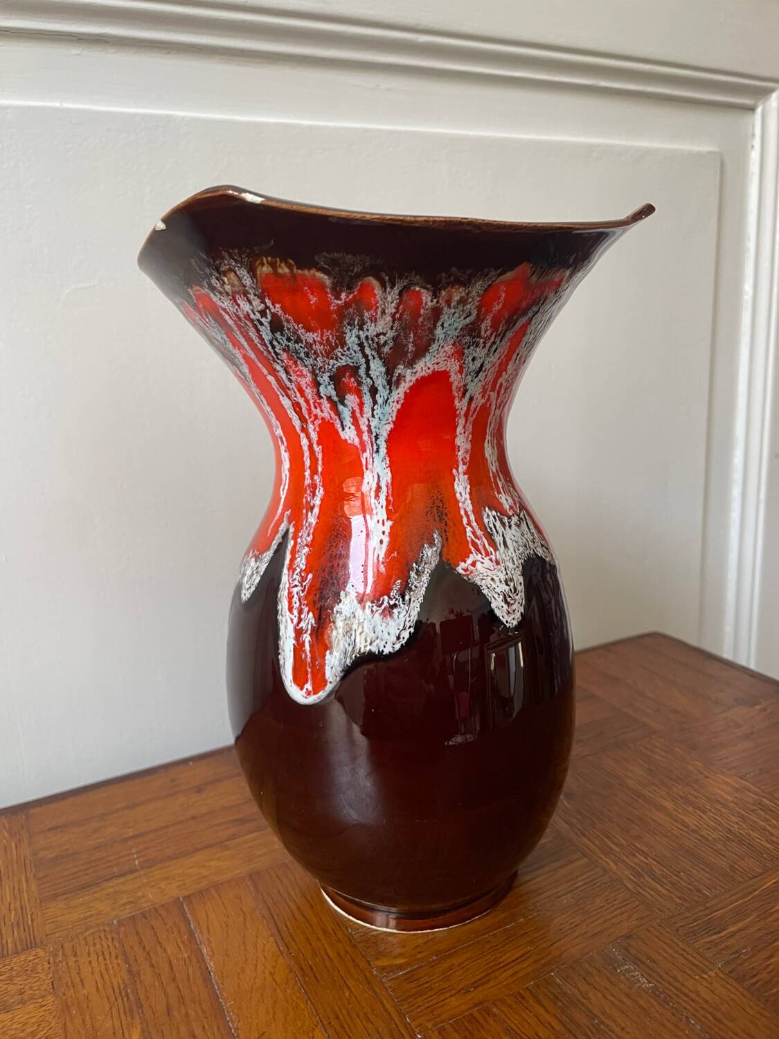 Vallauris vase in brown and orange fat lava