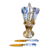 12 Delft earthenware fruit knives on their stand