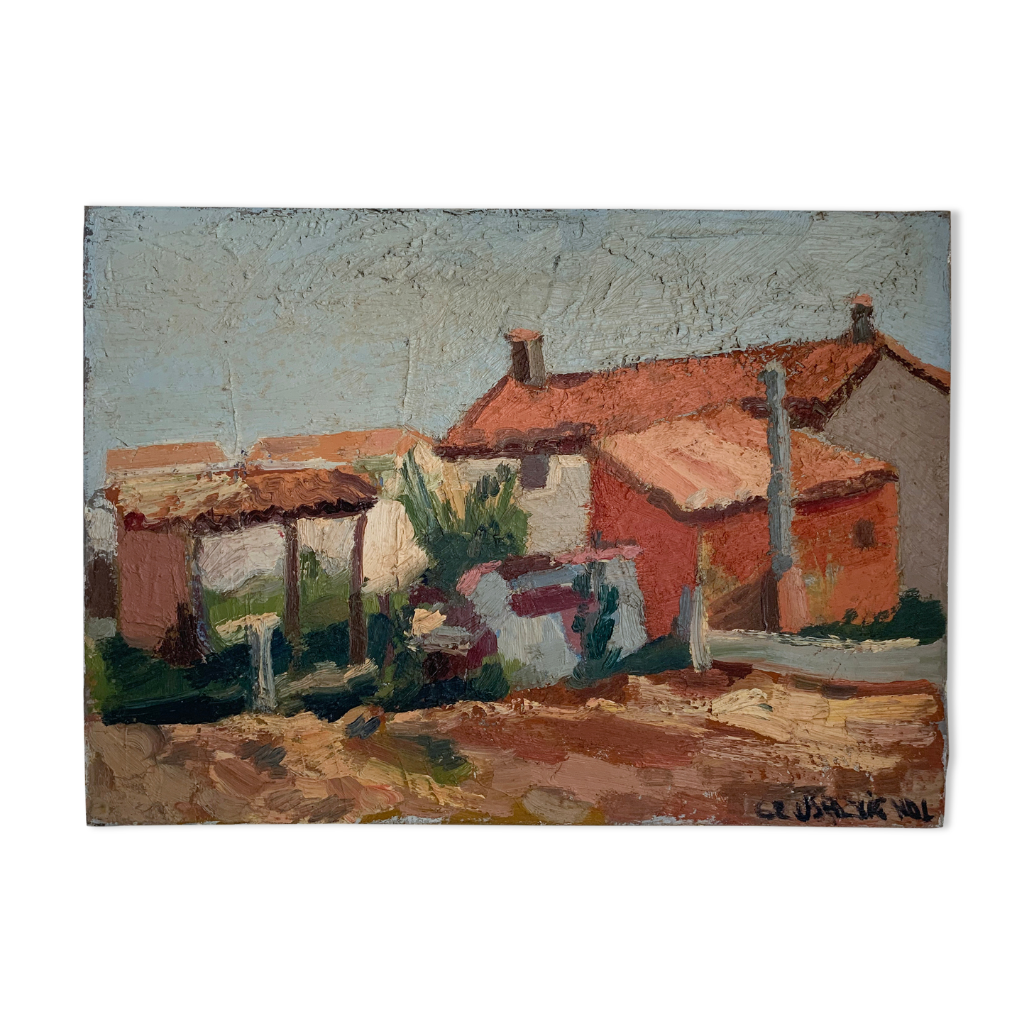 Ancient oil painting on canvas landscape of the south of France
