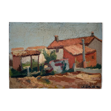 Ancient oil painting on canvas landscape of the south of France
