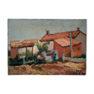 Ancient oil painting on canvas landscape of the south of France