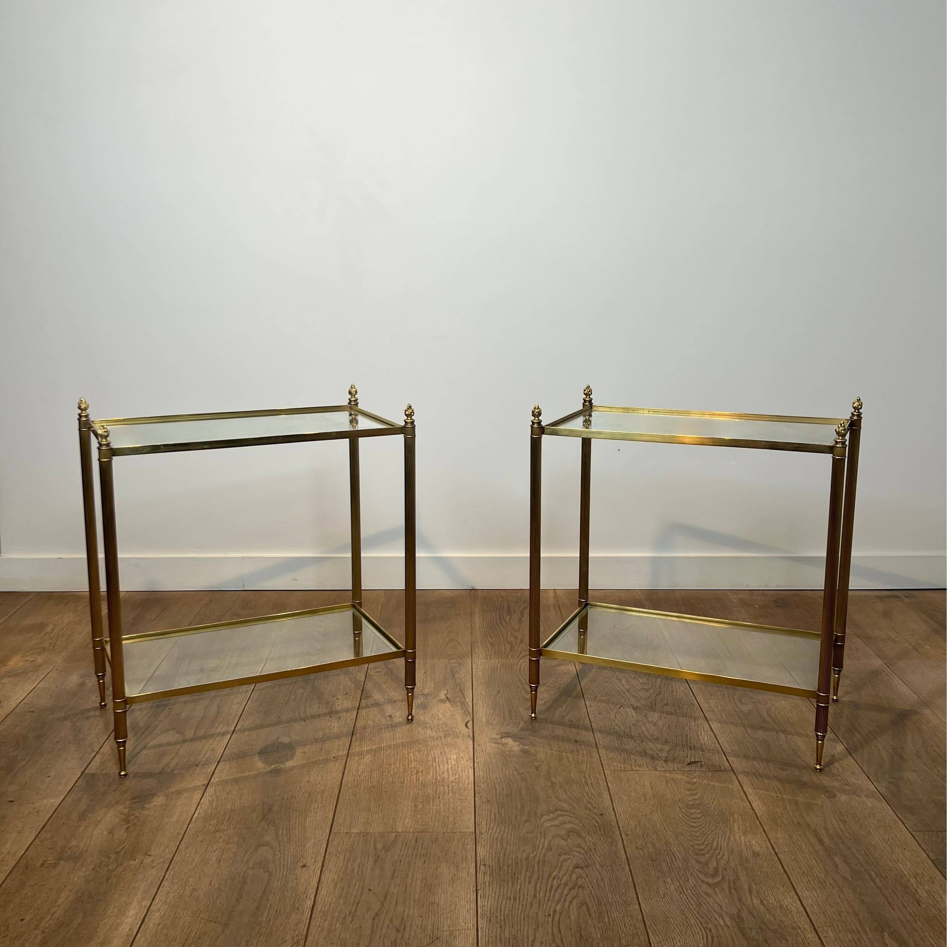 Pair of Side Tables with Two Brass and Glass Tops. Made in France.