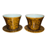 Pair of plant pots and their matching saucer – Brown/ochre marbled decor – 20th century