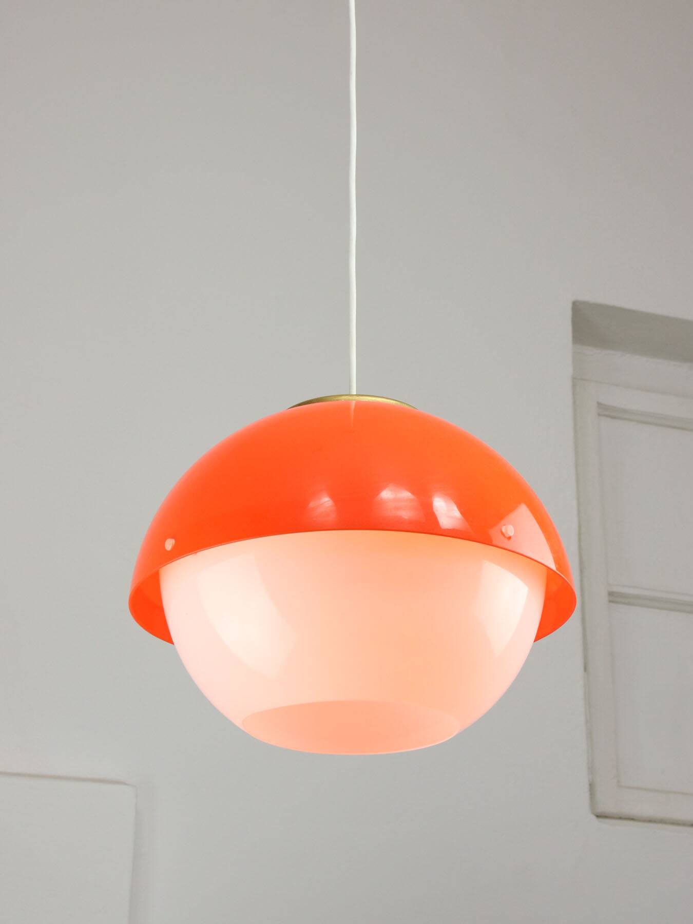 Italian Space Age Orange Plexiglass and Brass Pendant Lamp, 1970s