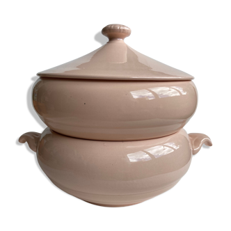 Pair of Digouin Sarreguemines dishes with powder pink lid