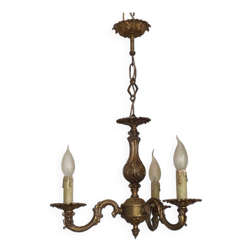 French Vintage Baroque Style 3 Light Bronze Chandelier With Floral Details