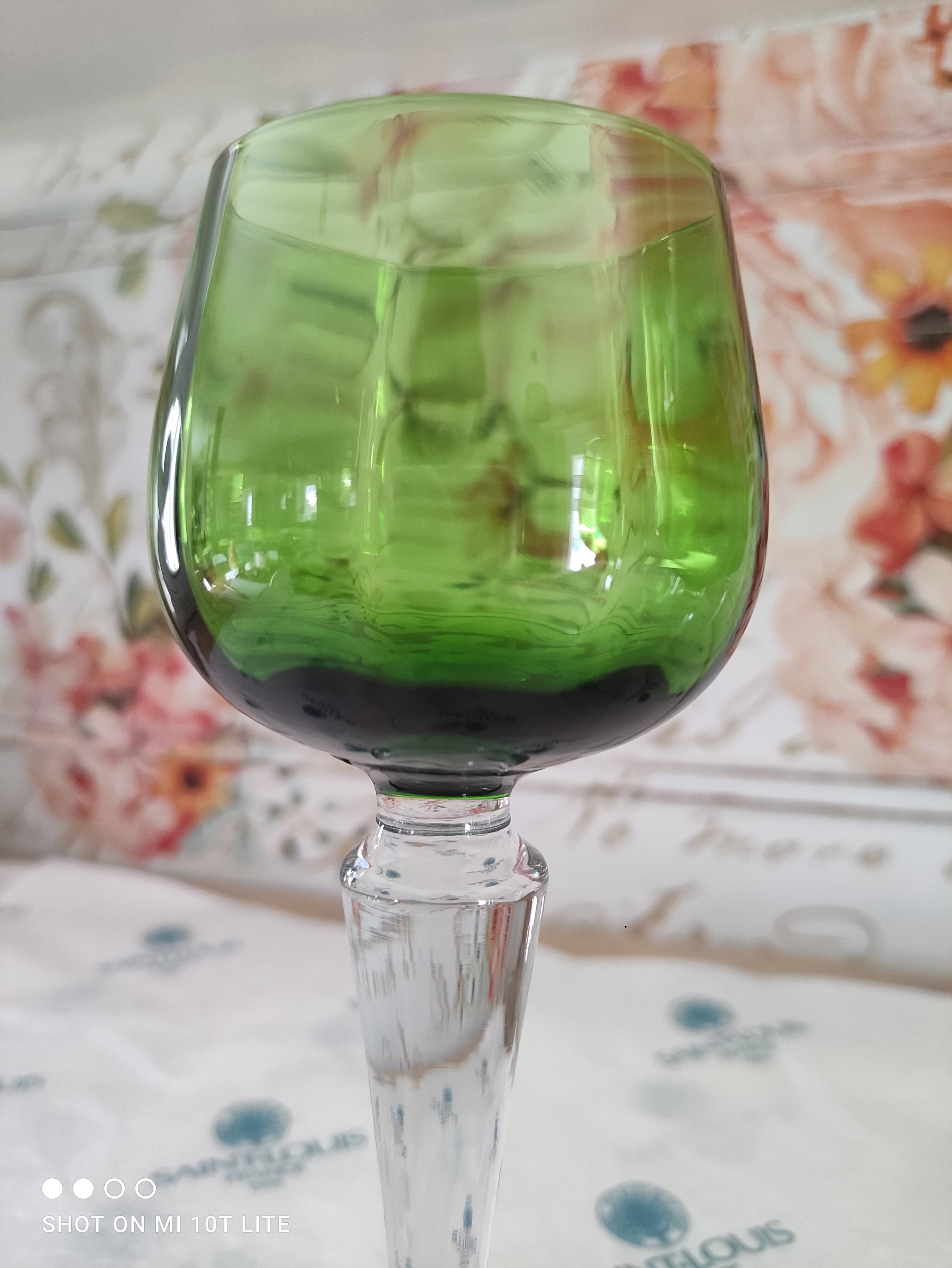 Set of 9 unstamped Saint-Louis wine glasses drinking Chartreuse green