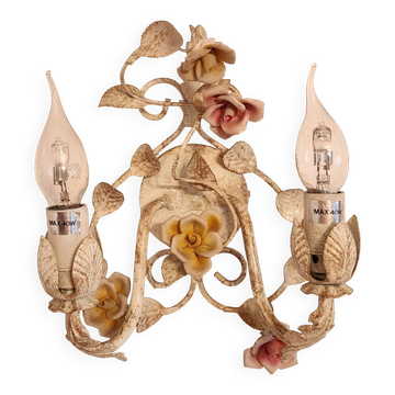 Shabby Chic Porzellan Schmiedeeisen Tole Keramik Rosen Wandlampe 1960-80er