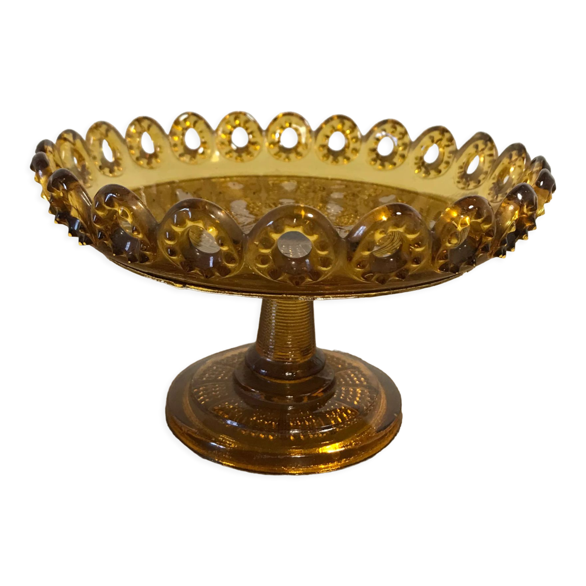 1900 fruit cup in amber pressed glass.