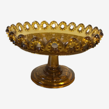 1900 fruit cup in amber pressed glass.