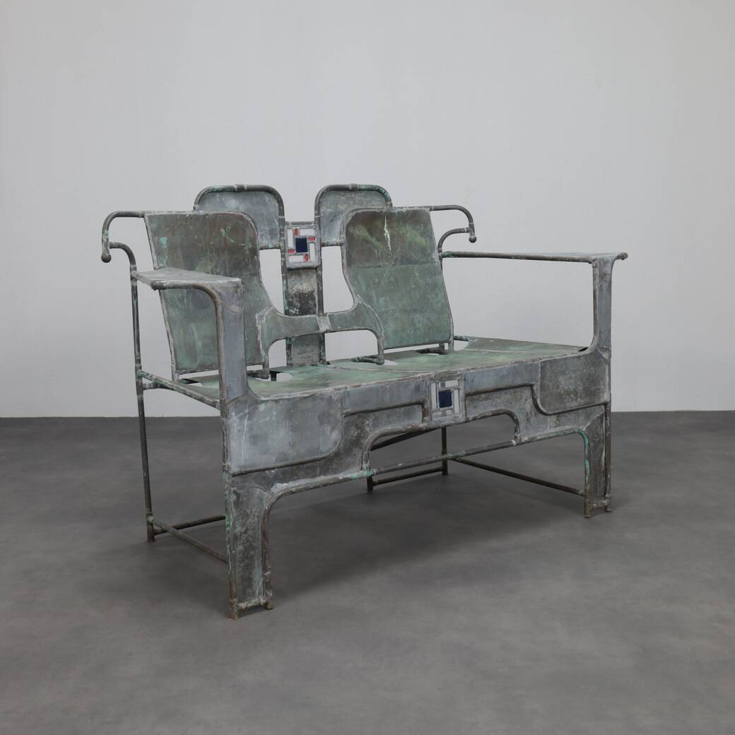 Sculptural bench in copper, zinc and stained glass by Cor de Ree, The Netherlands, 1999