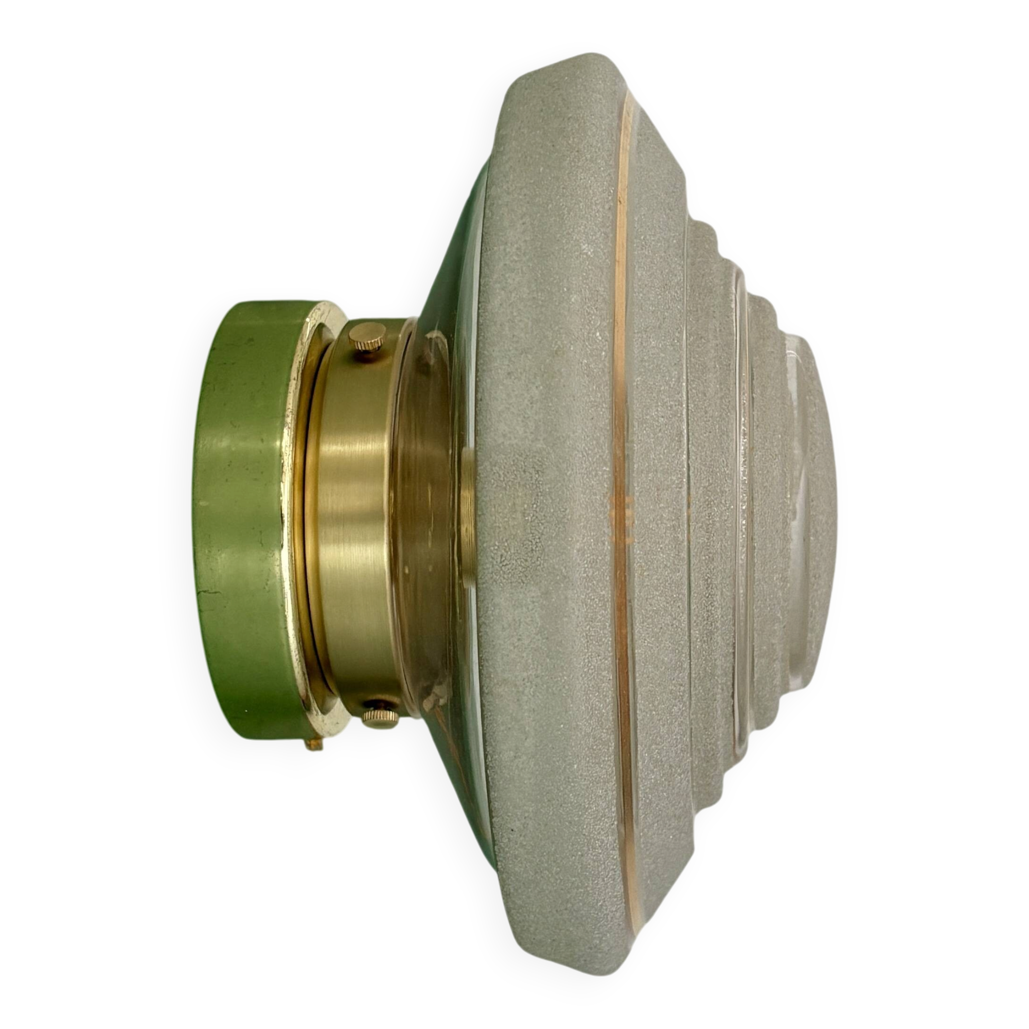 Old glass globe wall/ceiling light in frosted white and gold.