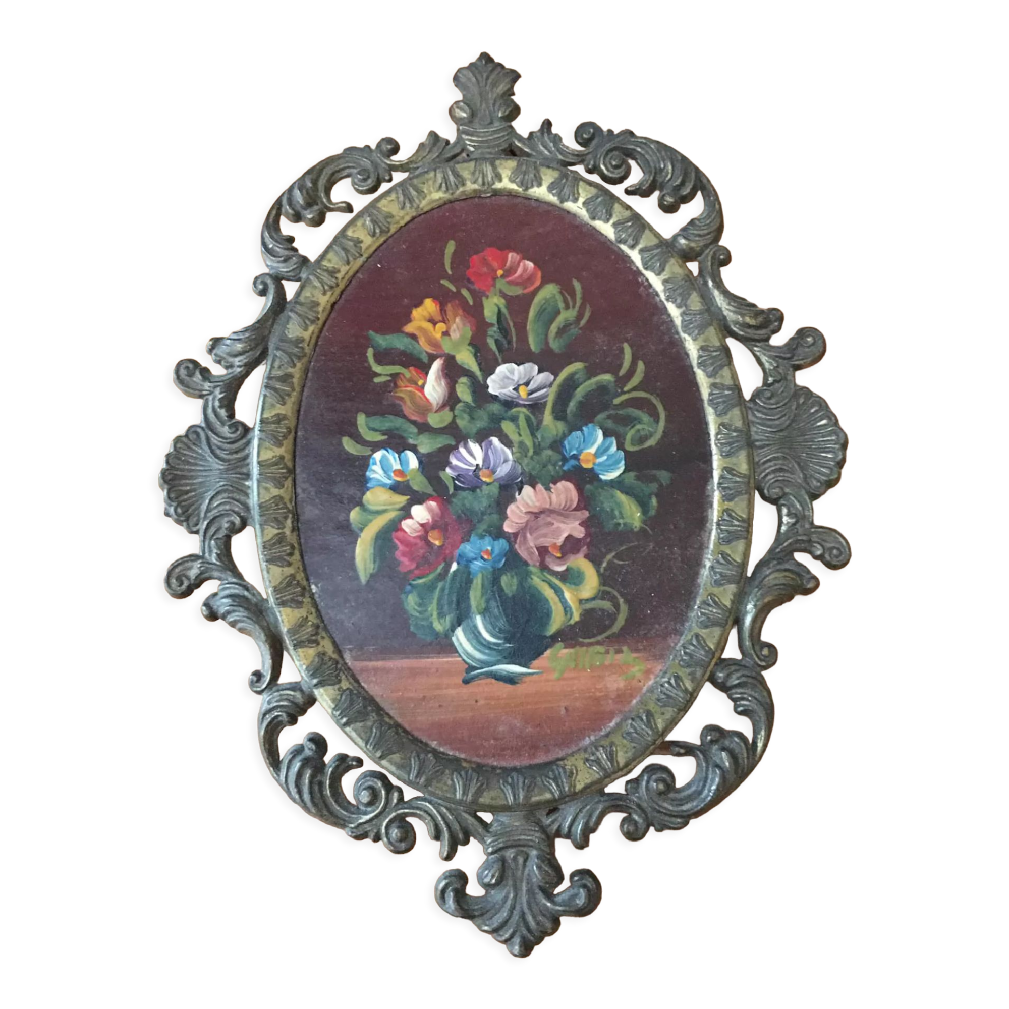 Cadre en métal doré et peinture sur bois avec bouquet de fleurs