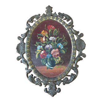 Gilded metal frame and painting on wood with bouquet of flowers