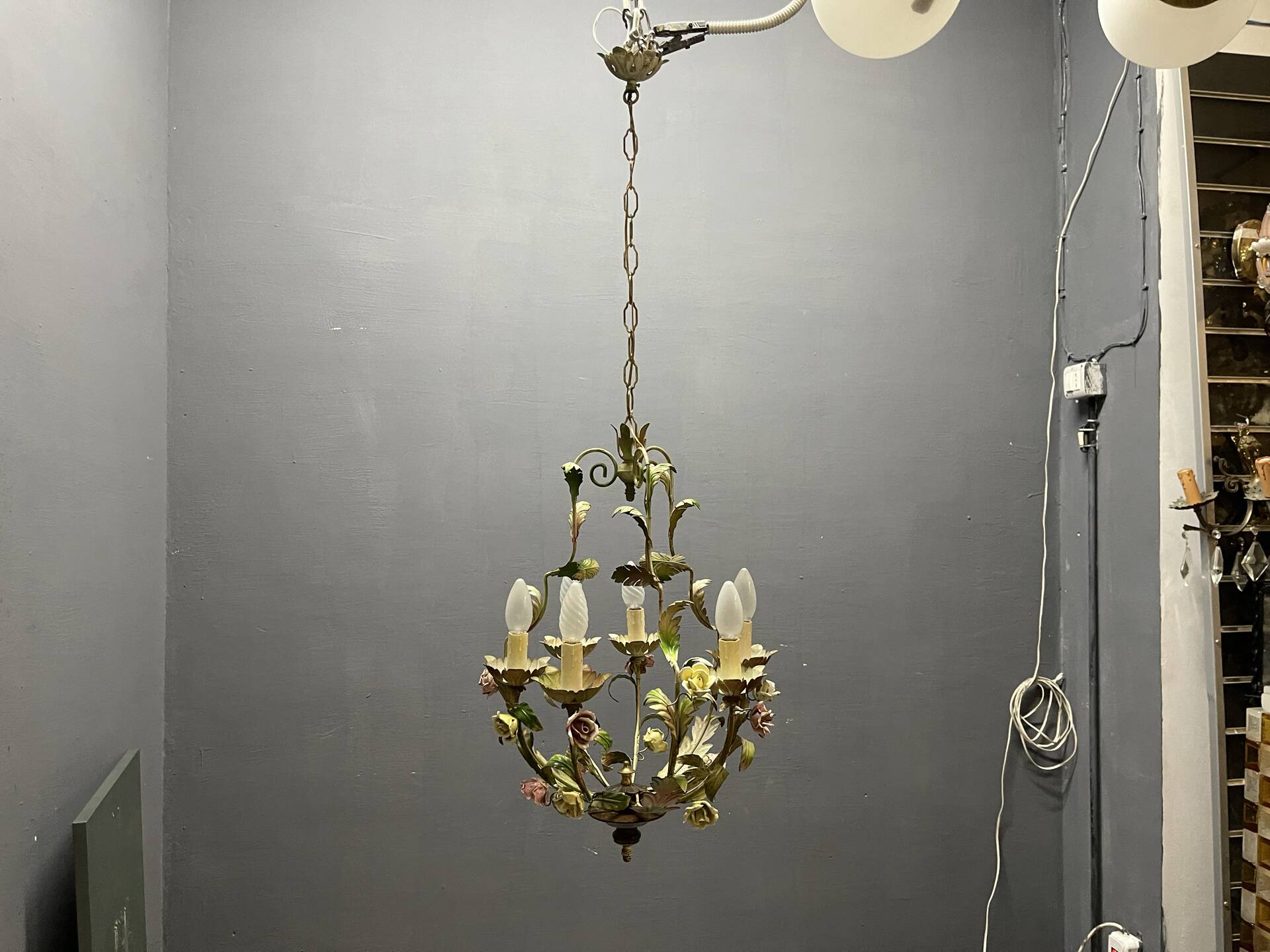 Tole Ceramic Flower Italian Chandelier 1960’s 
