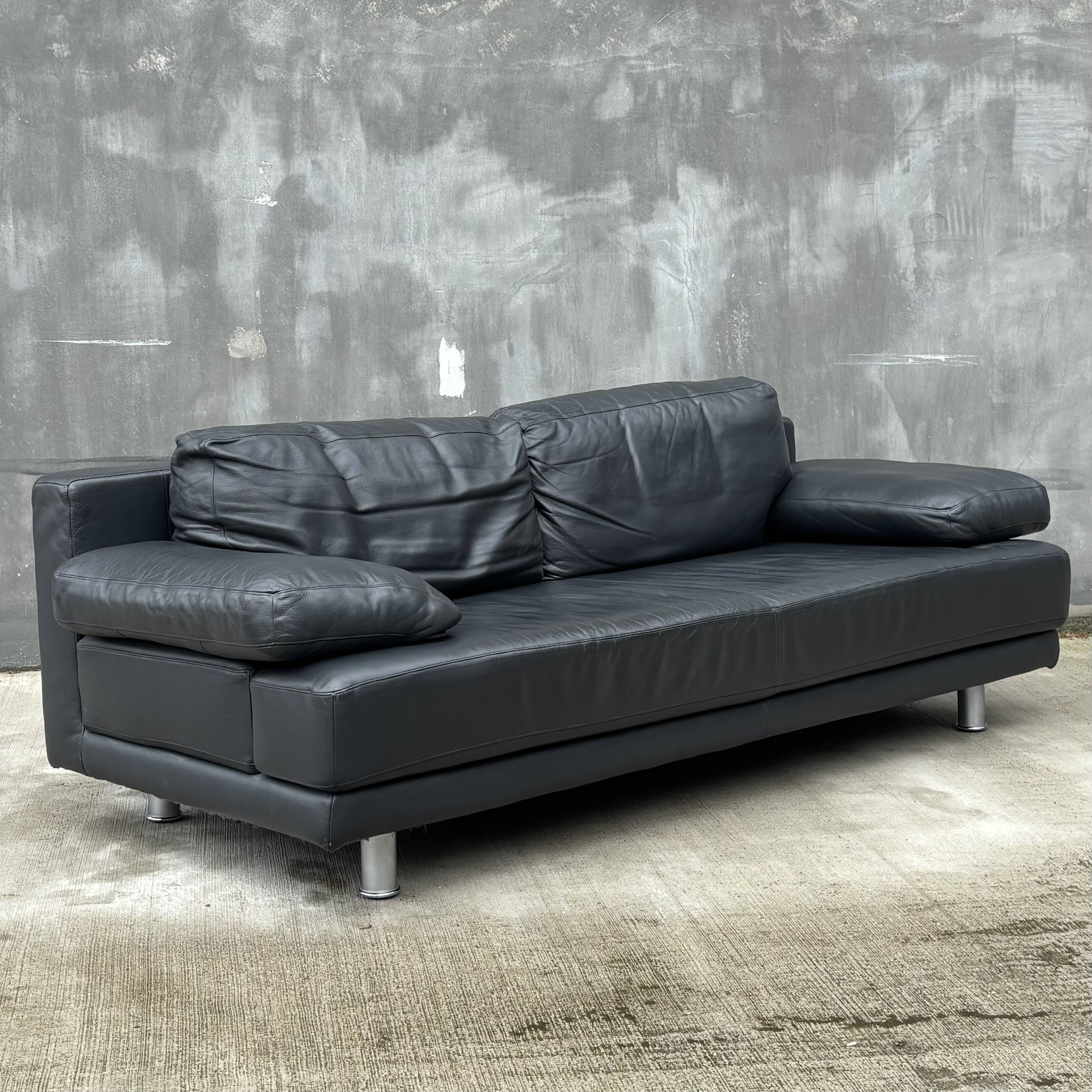 Rolf Benz 355 – 3-seater sofa in anthracite grey leather, German design.