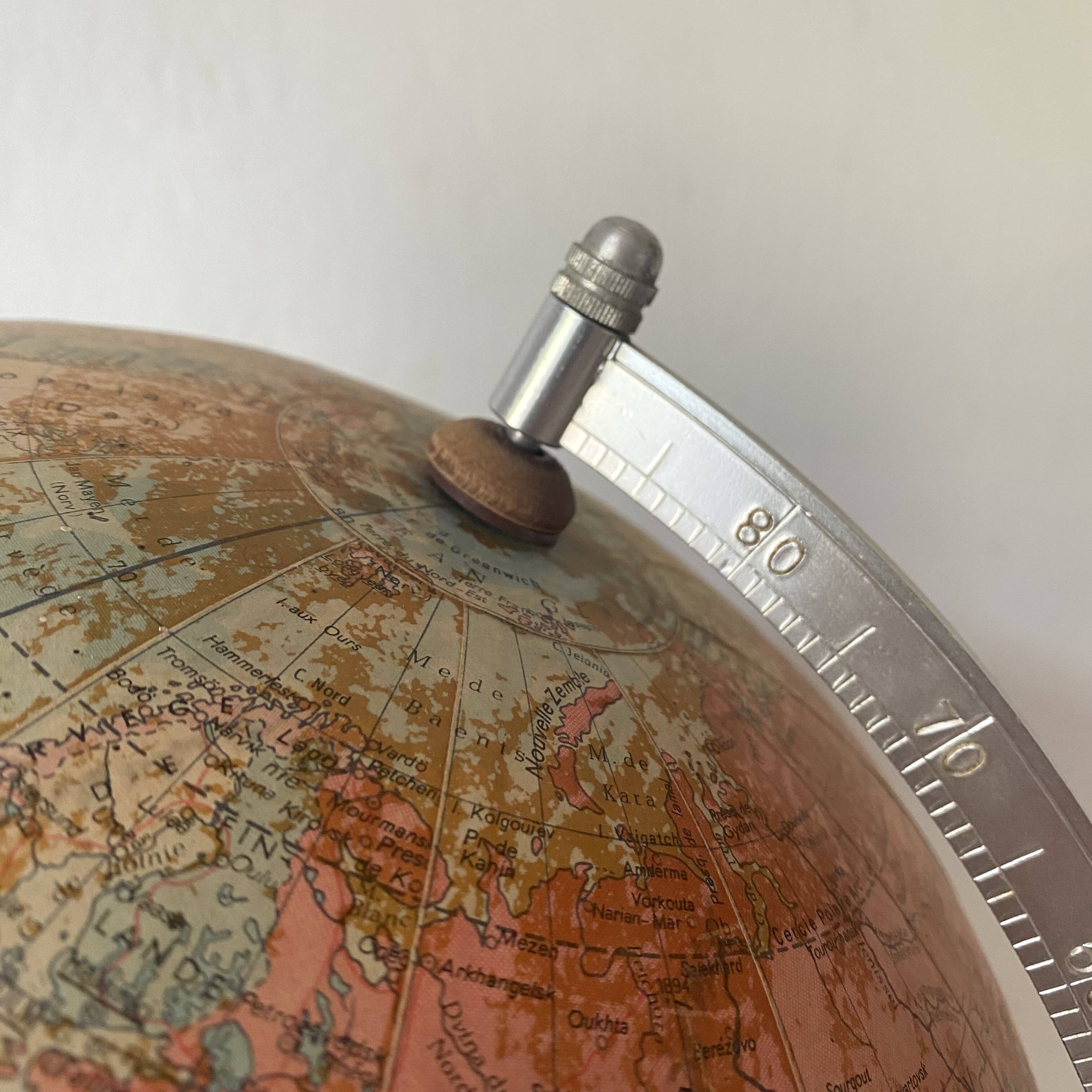 Old terrestrial globe with wooden base H46 cm